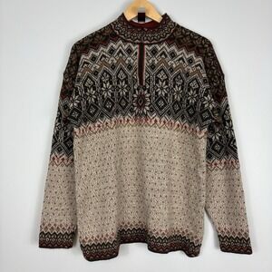 Intiwara 100% Alpaca Wool Sweater Men's M Nordic Fair Isle Quarter Zip Brown Tan